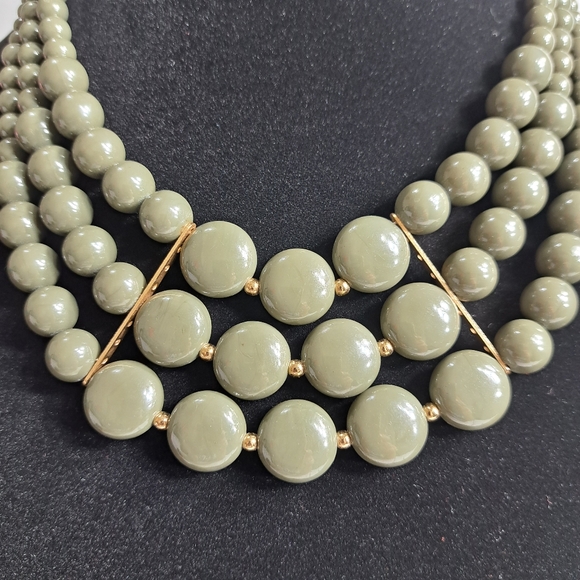 Vintage Choker Beaded Multi Layered Necklace Olive Green 10 + 3 Inches - Picture 6 of 13